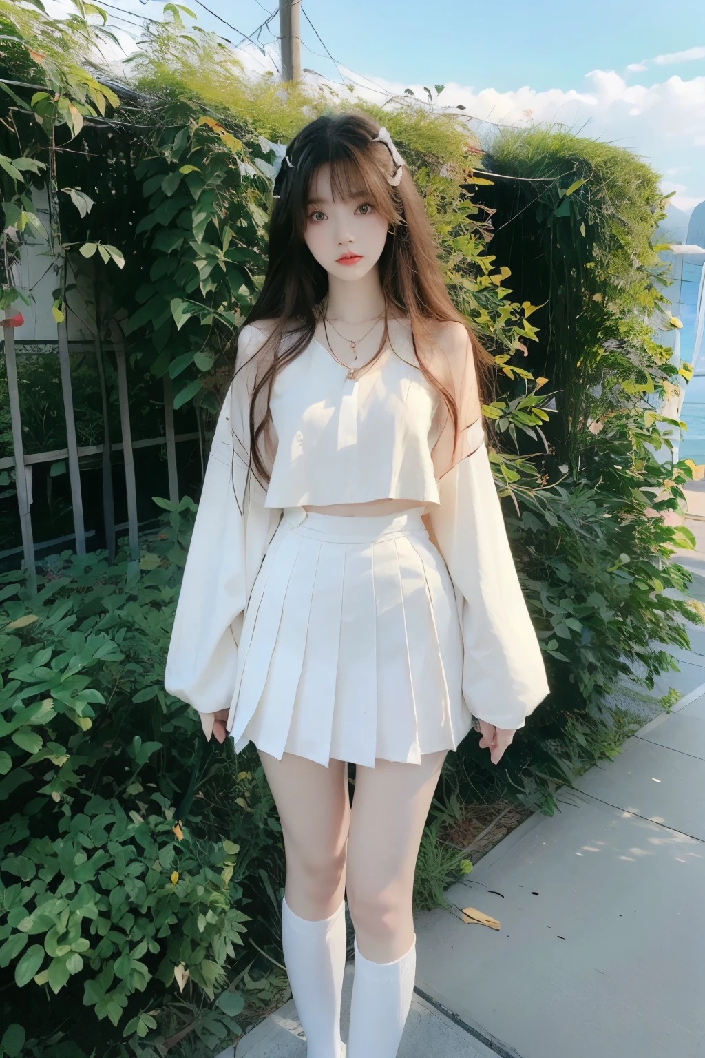 Beautiful woman with perfect body：1.4，Layered Hairstyle，Highly detailed face and skin textures，Double eyelids，Skin Whitening，Long hair，Whitened long legs，（Japanese school uniforms，necklace），Standing by the sea，Half-length photo