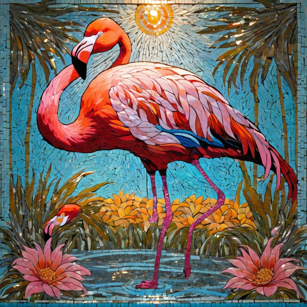 Retrato de flamingo e aventureiro de flores ,radiation mosaic:1.2, pegar o sol:0.8, Like shards of glass that infuse heat and energy into space:0.4 Flash and dancing.
