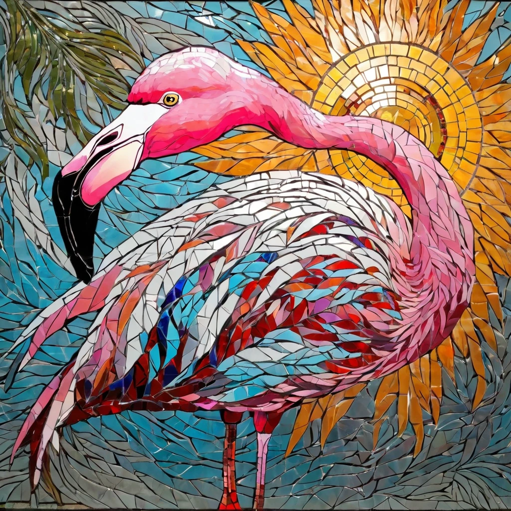 Retrato de flamingo e aventureiro de flores ,radiation mosaic:1.2, pegar o sol:0.8, Like shards of glass that infuse heat and energy into space:0.4 Flash and dancing.