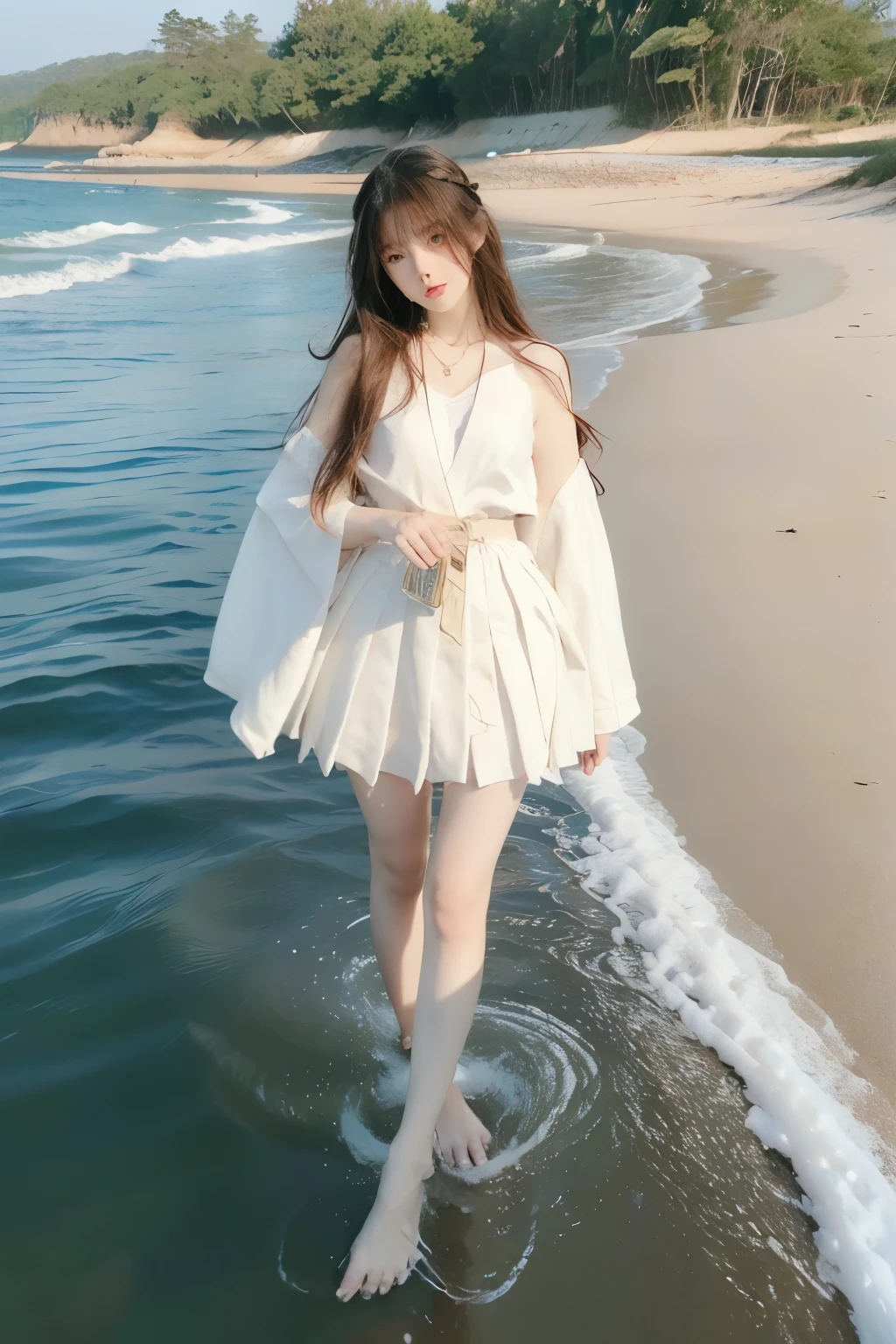 Beautiful woman with perfect body:1.4,Layered Hairstyle,Highly detailed face and skin textures,Double eyelids,Skin Whitening,Long hair,Whitened long legs,(Japanese school uniforms,necklace),Standing by the sea,Half-length photo