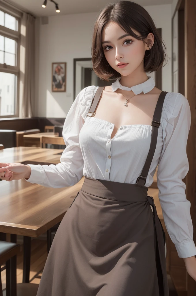 8K Ultra HD、RAWphotograph、モデルphotograph撮影、 (masterpiece, highest quality, photoGenuineistic, High resolution, photograph: 1.3), close, focus on, Hot Model, slim, 30 year old mature woman、Small face、Shortcuts、Dark brown hair、Beautiful eyes in every detail、Genuineな肌, (Perfect body), Sexy hot face, casual, sexual sight, slim,Long sleeve, Beautiful eyes in every detail、Glossy lips、Small breasts、、Bust B cup、((Bright light、Dynamic Lighting、Genuine、超Genuine、 Genuineism、Genuineistic details、Cool Beauty、Cool pose、Waitress clothes,Long skirt,apron,Inside a stylish cafe,Mr.々Posing