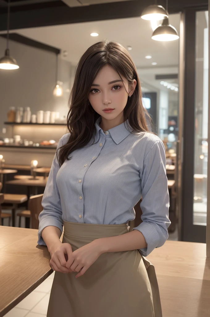 8K Ultra HD、RAWphotograph、モデルphotograph撮影、 (masterpiece, highest quality, photoGenuineistic, High resolution, photograph: 1.3), close, focus on, Hot Model, slim, 30 year old mature woman、Small face、Shortcuts、Dark brown hair、Beautiful eyes in every detail、Genuineな肌, (Perfect body), Sexy hot face, casual, sexual sight, slim,Long sleeve, Beautiful eyes in every detail、Glossy lips、Small breasts、、Bust B cup、((Bright light、Dynamic Lighting、Genuine、超Genuine、 Genuineism、Genuineistic details、Cool Beauty、Cool pose、Waitress clothes,Long skirt,apron,Inside a stylish cafe,Mr.々Posing