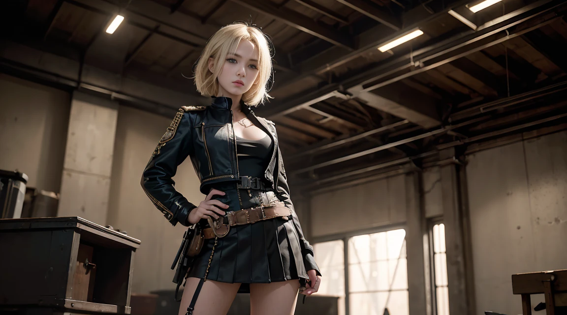 a blonde woman, with dieselpunk clothes, modelshoot style, fullbody, mini-skirt, (extremely detailed CG 8k wallpaper unit), photo of the most beautiful art in the world, majestic professional (photography by Steve McCurry), 8k uhd, dslr, soft lighting, high quality, film grain, Fujifilm XT3 sharp focus, f 5.6, high detail, sharp focus, dramatic, (wearing diselpunk clothing), (looking at the viewer:1.2), (natural light), (seductive)