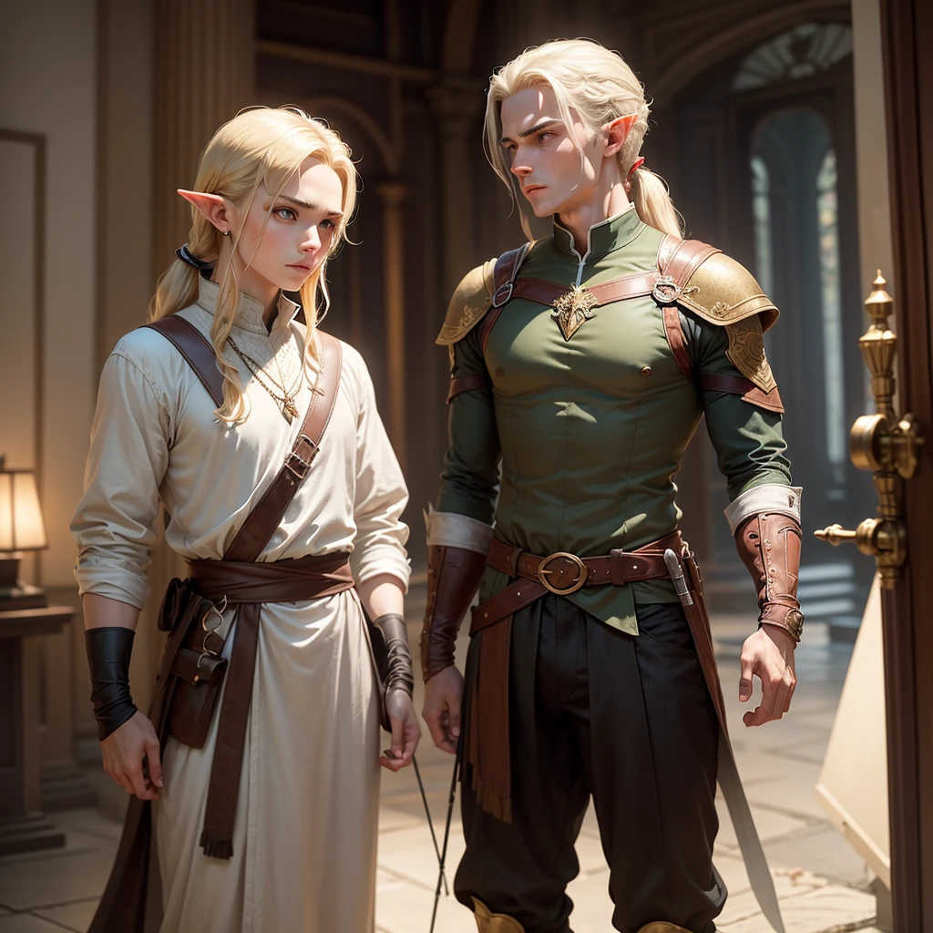 Lorraine, young half-elf, who is 19 years old, has an attractive appearance and gracefulness. His blond hair is usually pulled back into a ponytail., which emphasizes its sharpness, elven facial features. Глаза Lorraineа — глубокого зеленого цвета, always attentive and vigilant, reflect his sharp mind and desire for justice.

He is slightly above average height, slender and muscular, which indicates his excellent physical fitness. Lorraine носит легкую кожаную броню, which does not restrict his movements and allows him to maintain maneuverability, necessary for archery accuracy. He always has an elegant dagger hanging from his belt., and behind his back is a bow and quiver of arrows.