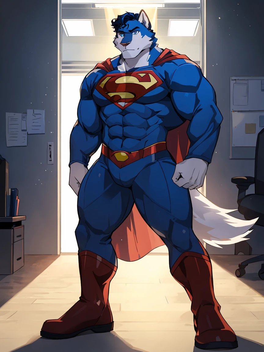 Death Wolf wearing cosplay of Superman with hard penis looking at the viewer very horny a very sensual smile 3D ULTRA HD 8K