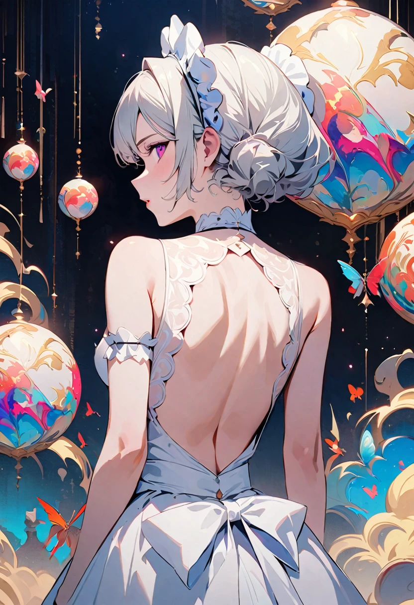 masterpiece, highest quality, Illustrations for novels, High resolution, 18+ Adult content, Sensual, Intimate, Emotional, Passionate, romantic, sweet, Adorable, Innocent, Pure, Fascinating, Fascinating, attractive, Mysterious, Fascinating, Fascinating, Immersive, Fascinating, dream-like, Surreal, Imaginative, Whimsical, artistic, Avant-garde, timeless, elegant, Sophisticated, chic, Sophisticated, Individuality, original, Fascinating,((Maid clothes:1.3)),((Back view:1.3))