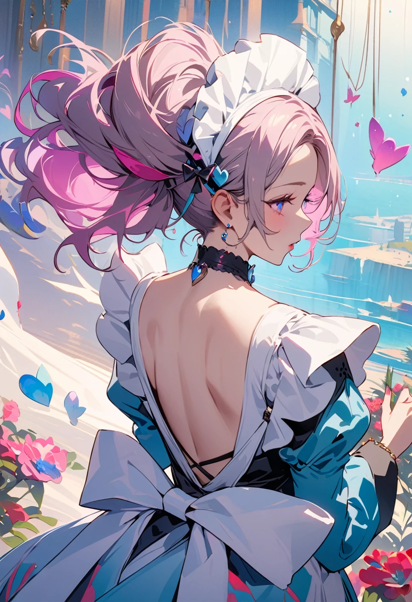 masterpiece, highest quality, Illustrations for novels, High resolution, 18+ Adult content, Sensual, Intimate, Emotional, Passionate, romantic, sweet, Adorable, Innocent, Pure, Fascinating, Fascinating, attractive, Mysterious, Fascinating, Fascinating, Immersive, Fascinating, dream-like, Surreal, Imaginative, Whimsical, artistic, Avant-garde, timeless, elegant, Sophisticated, chic, Sophisticated, Individuality, original, Fascinating,((Maid clothes:1.3)),((Back view:1.3))