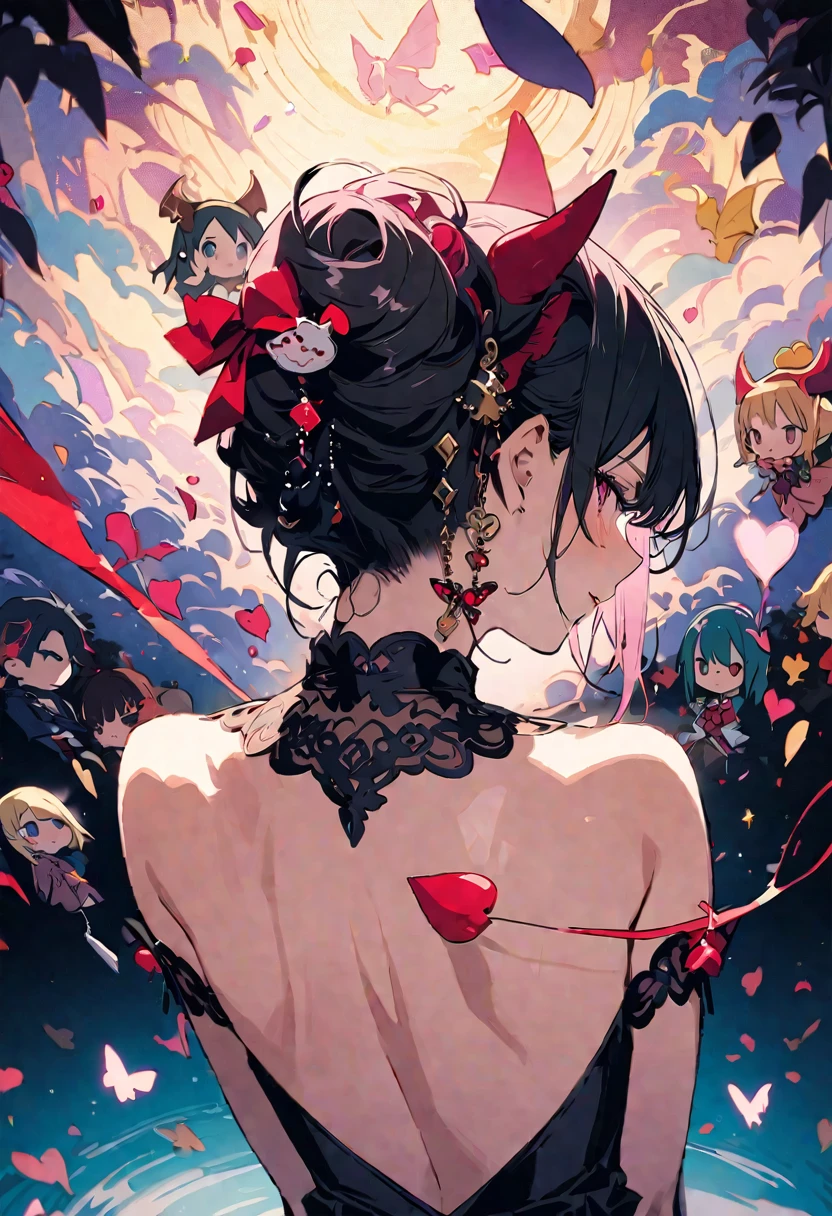 masterpiece, highest quality, Illustration of the novel, High resolution, 18+ Adult content, Sensual, Intimate, Emotional, Passionate, romantic, sweet, Adorable, Innocent, Pure, Charmな, Charmな, Charm, Mysterious, Charmな, Charmな, Immersive, Charmな, dream-like, Surreal, Imaginative, Whimsical, artistic, Avant-garde, timeless, elegant, Sophisticated, chic, Sophisticated, personality, original, Charmな,(( Devil's Child:1.3)),((Back view:1.3))、Upper Body、(Little)