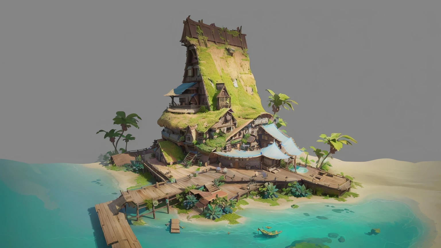 Alafid Island with a wooden bridge and a small house, 3D rendering style, stylized concept art, Depicted as game concept art, Concept art is very detailed, Roland Zilvinsky 3D Rendering Art, Stylized 3d rendering, Created by senior environment artists, environment design illustration, Concept art style, Detailed digital concept art, Concept Art Illustration