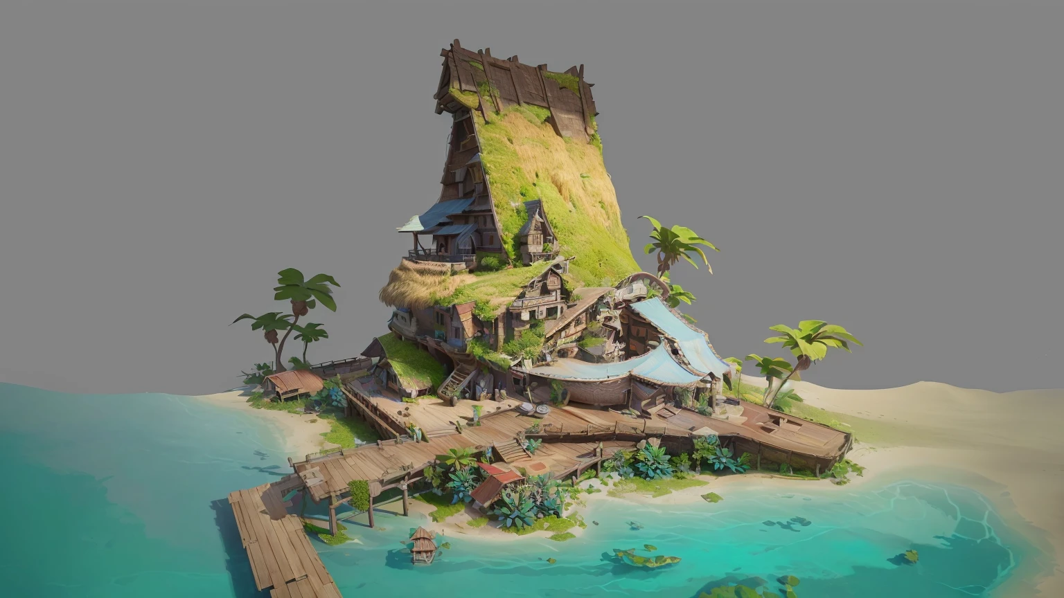 Alafid Island with a wooden bridge and a small house, 3D rendering style, stylized concept art, Depicted as game concept art, Concept art is very detailed, Roland Zilvinsky 3D Rendering Art, Stylized 3d rendering, Created by senior environment artists, environment design illustration, Concept art style, Detailed digital concept art, Concept Art Illustration