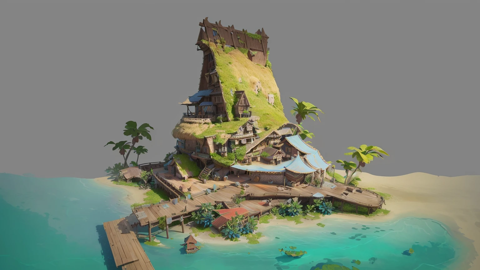 Alafid Island with a wooden bridge and a small house, 3D rendering style, stylized concept art, Depicted as game concept art, Concept art is very detailed, Roland Zilvinsky 3D Rendering Art, Stylized 3d rendering, Created by senior environment artists, environment design illustration, Concept art style, Detailed digital concept art, Concept Art Illustration