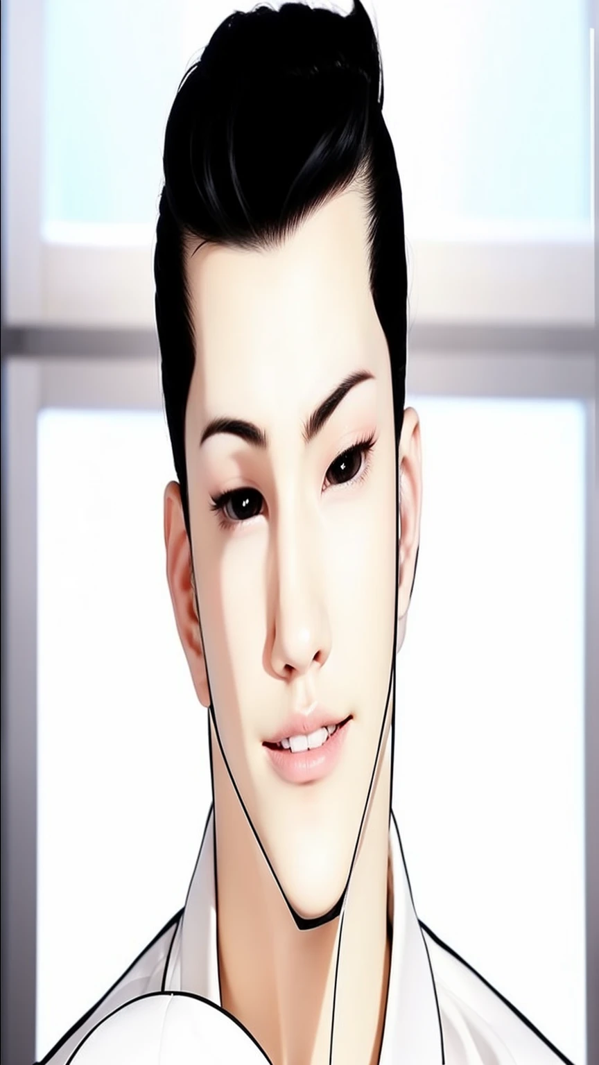 Tall Guy. The character Gun Park is from the webtoon Lookism. Korean. Black hair. Black eyes with white pupils. White suit. Exactly the same as in the photo. Detailed. Reality. In real life. High quality.