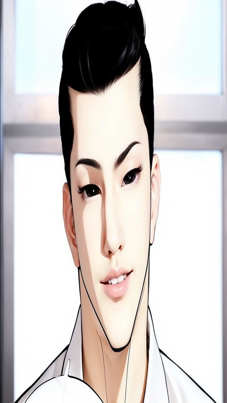 Tall Guy. The character Gun Park is from the webtoon Lookism. Korean. Black hair. Black eyes with white pupils. White suit. Exactly the same as in the photo. Detailed. Reality. In real life. High quality.