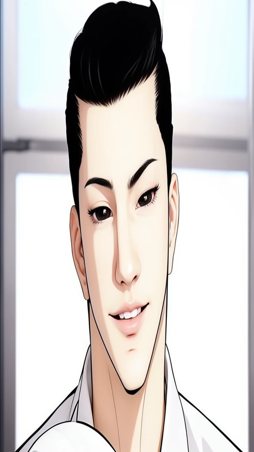 Tall Guy. The character Gun Park is from the webtoon Lookism. Korean. Black hair. Black eyes with white pupils. White suit. Exactly the same as in the photo. Detailed. Reality. In real life. High quality.