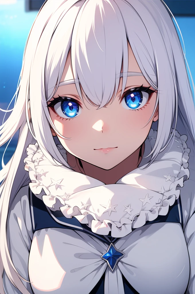 closeup, white cute hair, big bright blue heavenly shiny eyes with white star-shaped pupil in eyes
