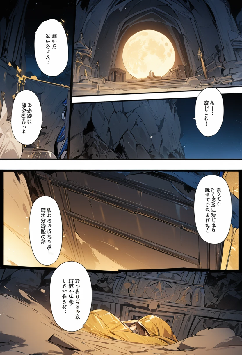 "((highest quality)), ((masterpiece)), (detailed), a tomb closed and sealed by blue chains and with some pentagram on the moon a high quality gold tomb Comic ebook storyboard three comic panels 4k