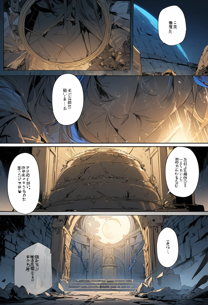 "((highest quality)), ((masterpiece)), (detailed), a tomb closed and sealed by blue chains and with some pentagram on the moon a high quality gold tomb Comic ebook storyboard three comic panels 4k