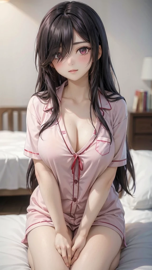 1girl,perfect ,black hair, long hair, (hair over one eye:1.4), messy hair, hair between eyes, plump chubby,fat, busty breast, cute motif pajama, cute shy blush on , bedroom