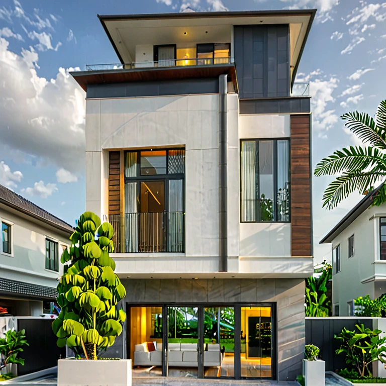 modern villa on street, (overcast lighting:1.2), tropical tree, vivid color, curve wall, streetcapes, nice sky, grey and wwhite tone, (large glass door:1.2), warm interior lighting, modern material, best quality, ultra realistic, masterpiece, 17ArchiAI_XL_VL-v1