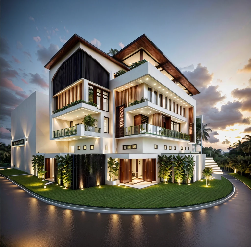 Located at the corner of a bustling intersection, this stunning urban villa masterfully blends the timeless elegance of Tropical style with contemporary design elements, street, no pool, The villa's facade, adorned with expansive glass walls, allows natural light to flood the interior, creating a harmonious connection between the indoor and outdoor spaces. The intricate wrought iron railings and traditional woodwork are complemented by sleek modern finishes, resulting in a striking visual contrast. Lush greenery surrounds the villa, softening its architectural lines and adding to its charm. This fusion of old-world charm and modern sophistication makes the villa a captivating landmark in the cityscape, 3dsmax render, realistic photo