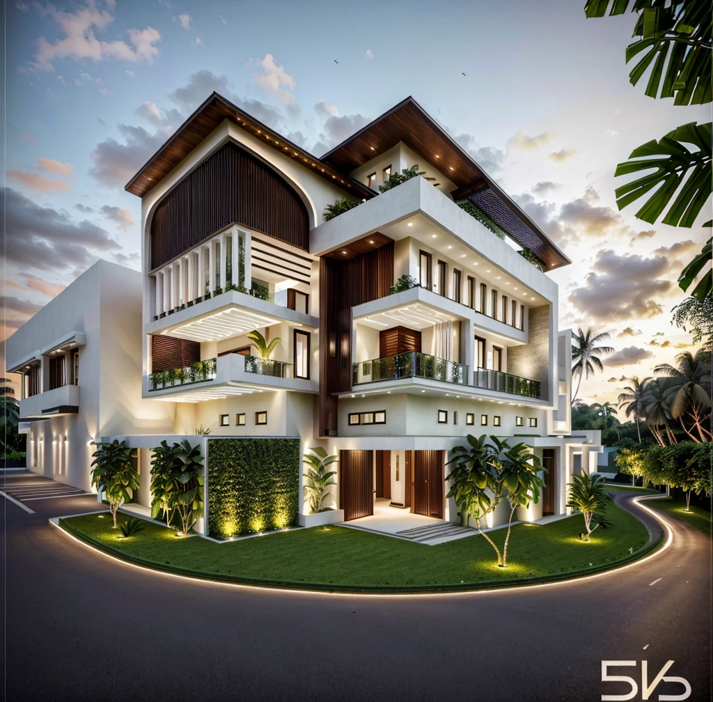 Located at the corner of a bustling intersection, this stunning urban villa masterfully blends the timeless elegance of Tropical style with contemporary design elements, street, no pool, The villa's facade, adorned with expansive glass walls, allows natural light to flood the interior, creating a harmonious connection between the indoor and outdoor spaces. The intricate wrought iron railings and traditional woodwork are complemented by sleek modern finishes, resulting in a striking visual contrast. Lush greenery surrounds the villa, softening its architectural lines and adding to its charm. This fusion of old-world charm and modern sophistication makes the villa a captivating landmark in the cityscape, 3dsmax render, realistic photo