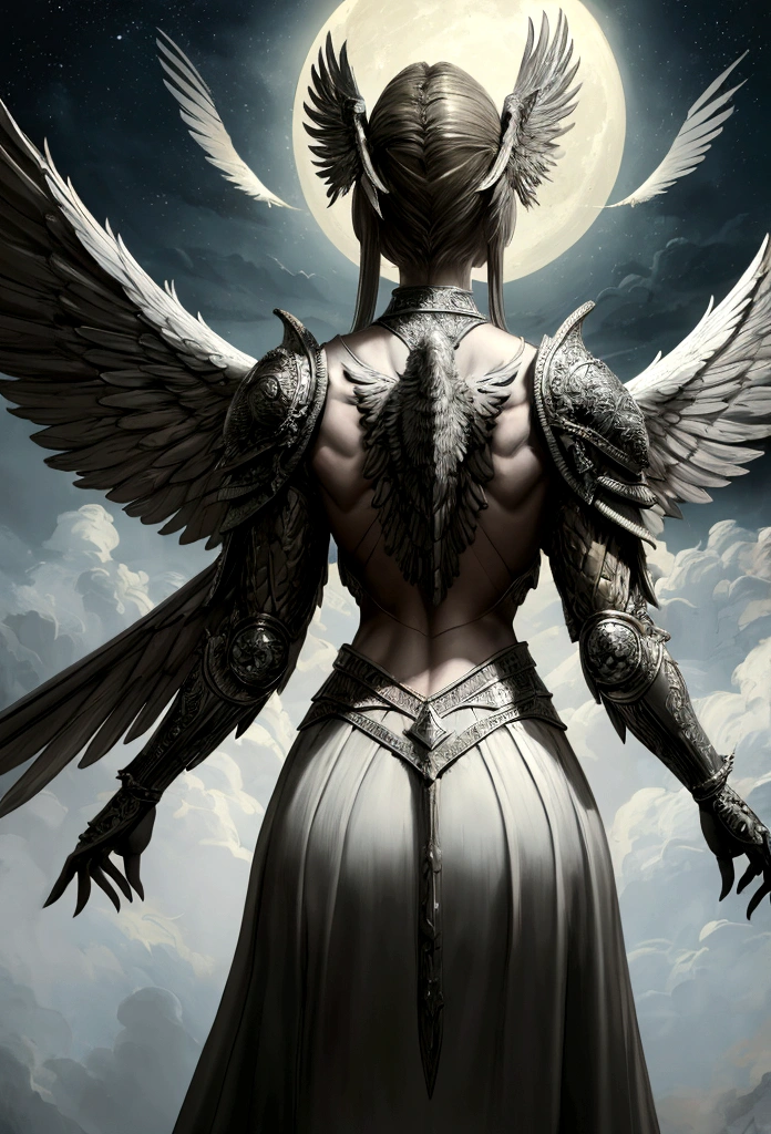 a model shot (taken from the back: 1.5), 16K, ultra detailed, masterpiece, best quality, (extremely detailed), arafed, dnd art, portrait, full body, aasimar, female, (Masterpiece 1.3, intense details), female, paladin, holy warrior, spread large feathered wings, (wings sprouting from the back: 1.3), majestic wings, white angelic wings spread (Masterpiece, intense details: 1.5), moon light, moon, stars, clouds, holy symbol, armed with sword, short blond hair, dark fantasy cemetery background, anatomically correct (Masterpiece 1.3, intense details), angel_wings, determined face, god rays, cinematic lighting, glowing light, silhouette, from outside, photorealism, panoramic view (Masterpiece 1.3, intense details) , Wide-Angle, Ultra-Wide Angle, 16k, highres, best quality, high details