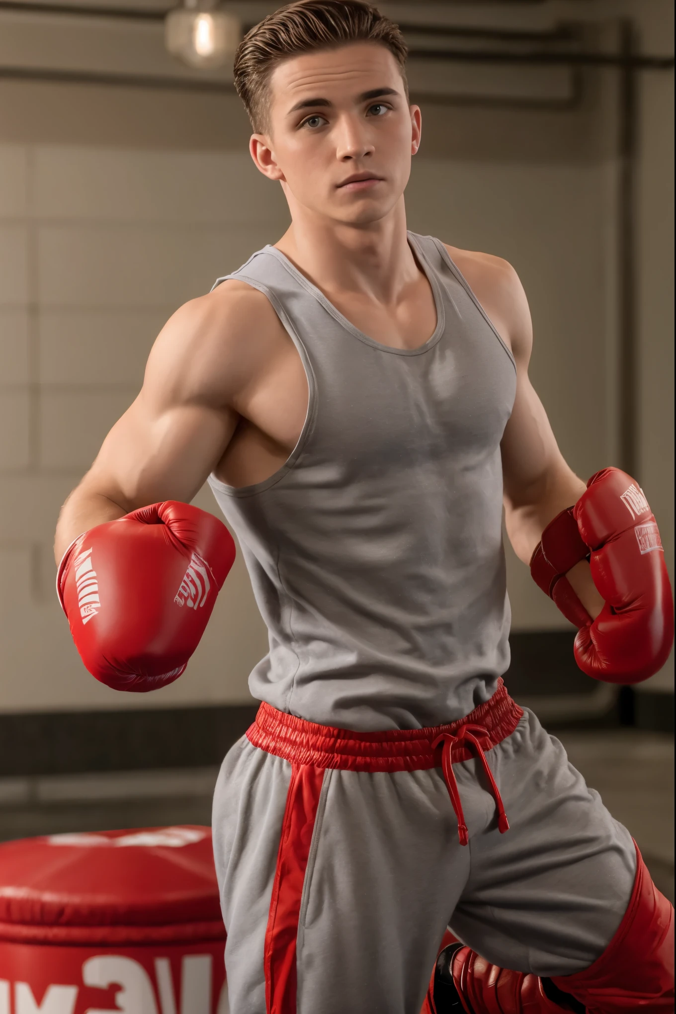 Tanner Buchanan, ((masterpiece)), ((best quality:1.2)), High Resolution, 8k, full body image, (ultra_realistic:1.3), (photorealistic:1.4), sharp focus, 1boy, (perfect face), wide angle, handsome, (((wearing (tank top), grey sweatpants, red boxing boots, (red boxing gloves), boxing pose:1.3))), at a boxing gym, grey industrial walls, a boxing ring, green eyes, pushed back brown hair, solo, 1boy, SFW:1.3+++, safe for work, perfect hands, looking at viewer,
