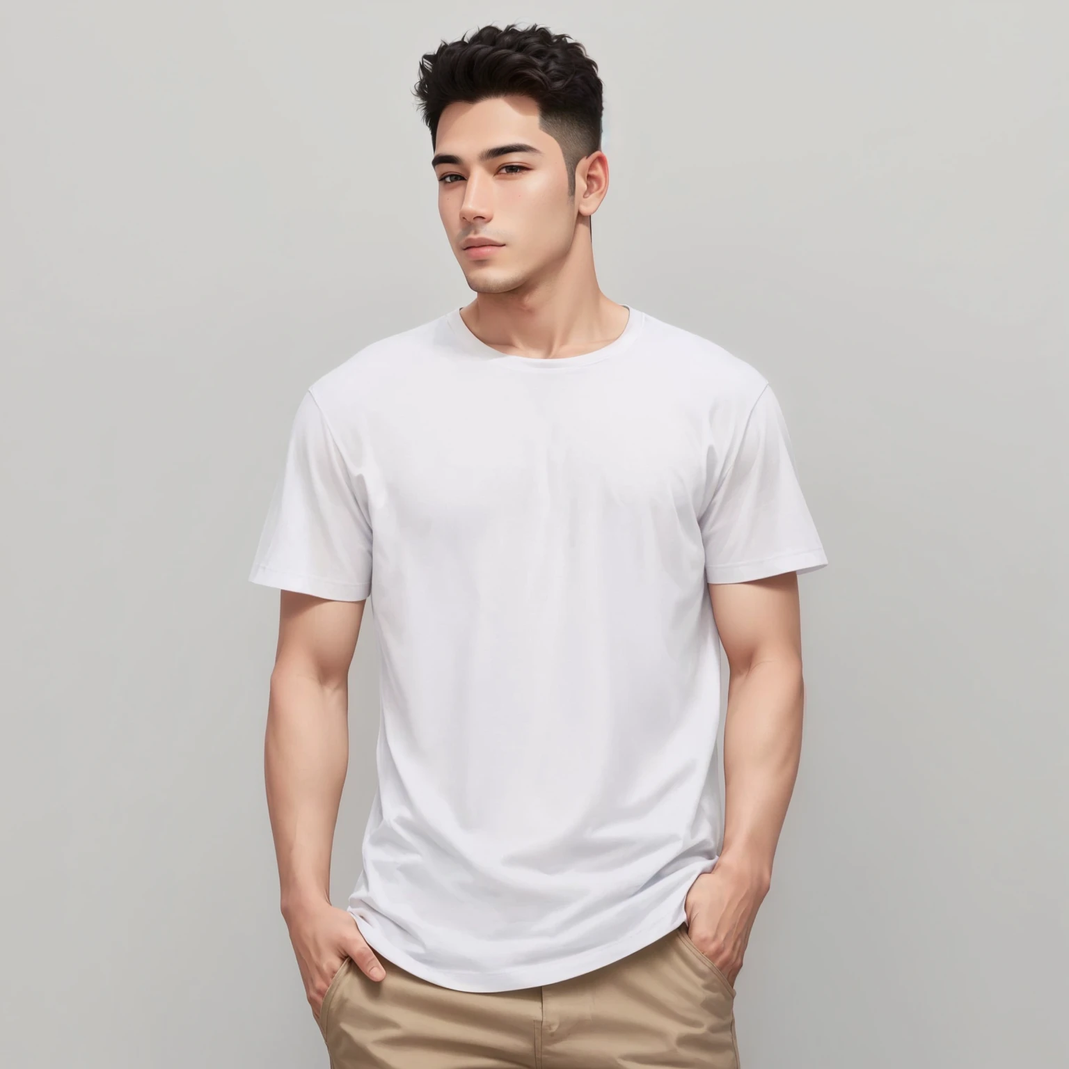 Alafiid man in white shirt and khaki pants poses for a photo, Short sleeve, plain White T-shirt, White T-shirt, White T-shirt, man in White T-shirt, White T-shirt, Wear a white T-shirt, Official product images, dressed in a White T-shirt, product photo, Medium wide angle front view, 3/4 Front view