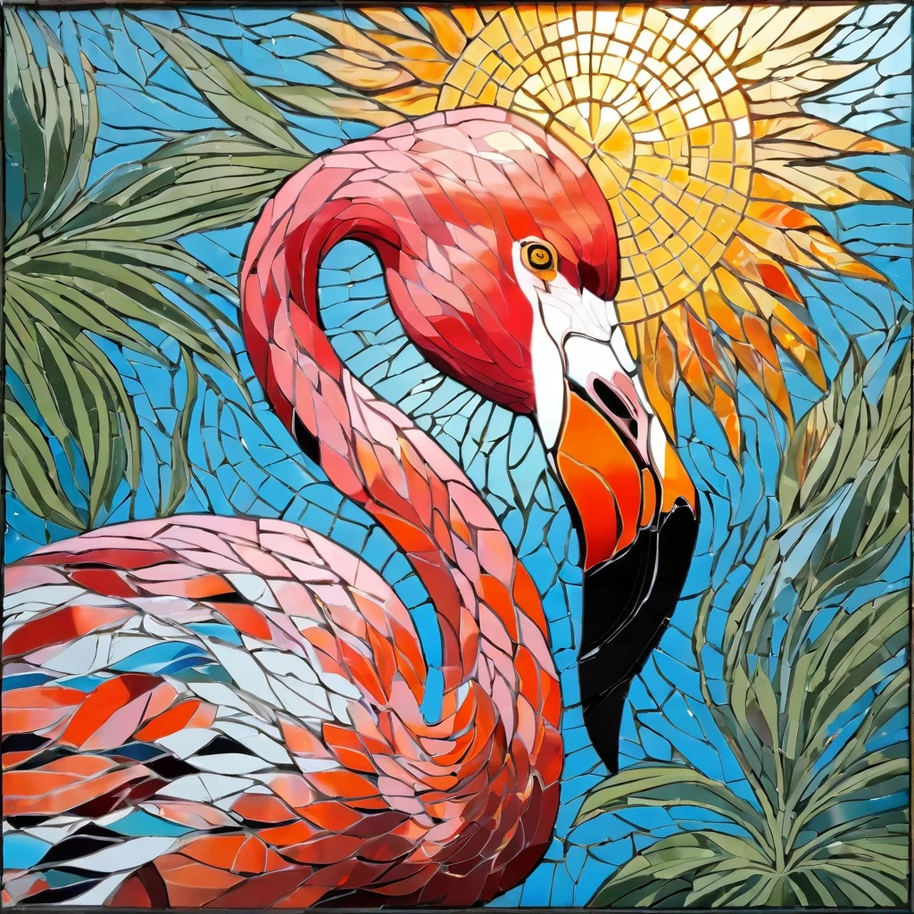 Portrait painting of flamingo and flower adventurer, radiation mosaic:1.2, catching the sun:0.8, Like shards of glass that infuse heat and energy into space:0.4 Flash and dance
