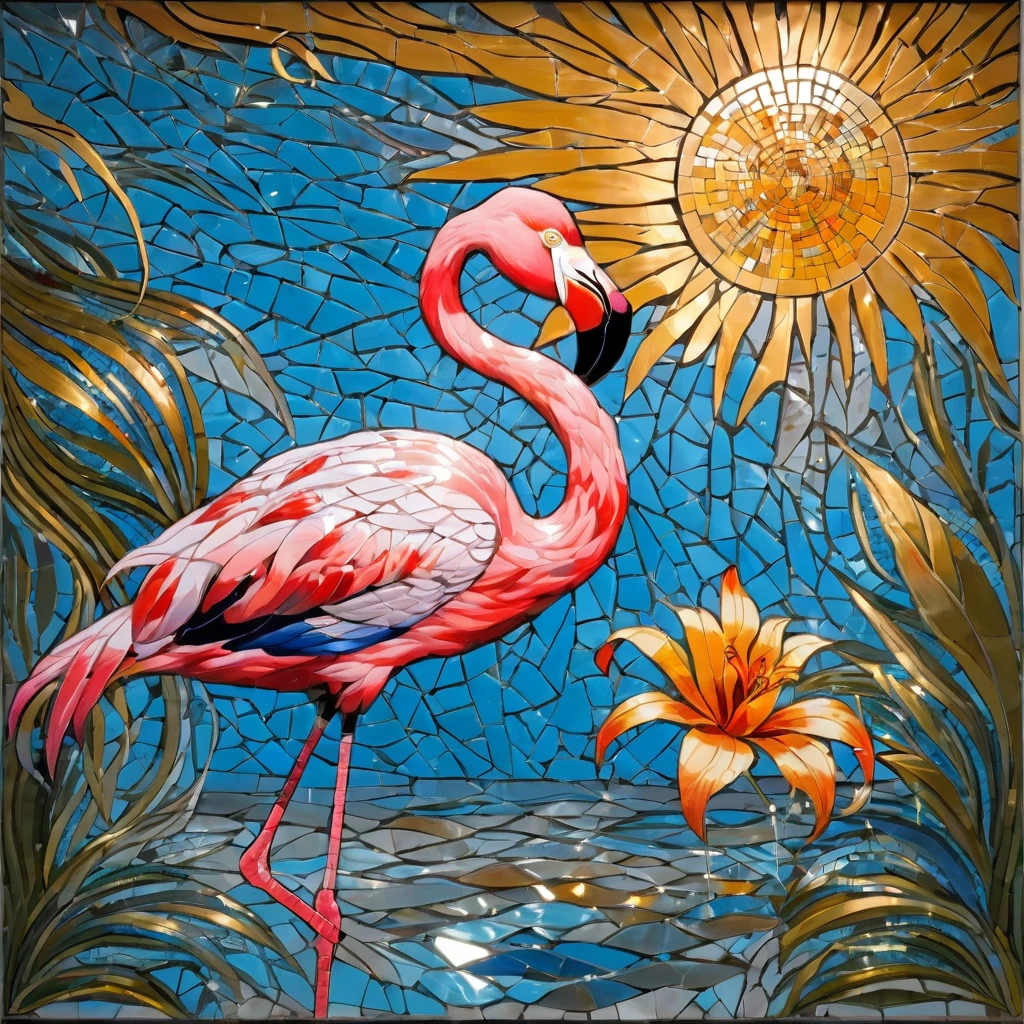 Portrait painting of flamingo and flower adventurer, radiation mosaic:1.2, catching the sun:0.8, Like shards of glass that infuse heat and energy into space:0.4 Flash and dance