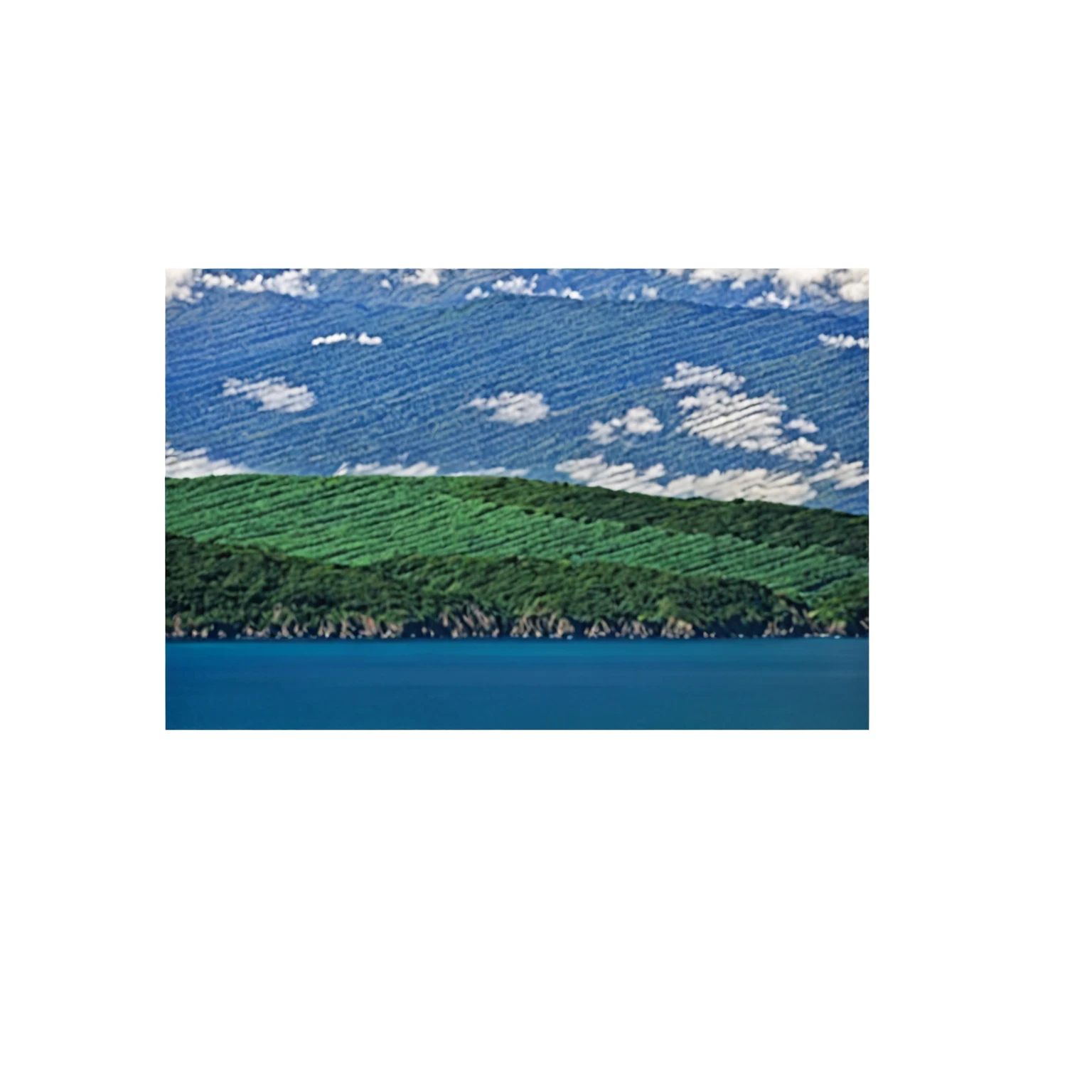 a photograph of a landscape mountain sky and ocean