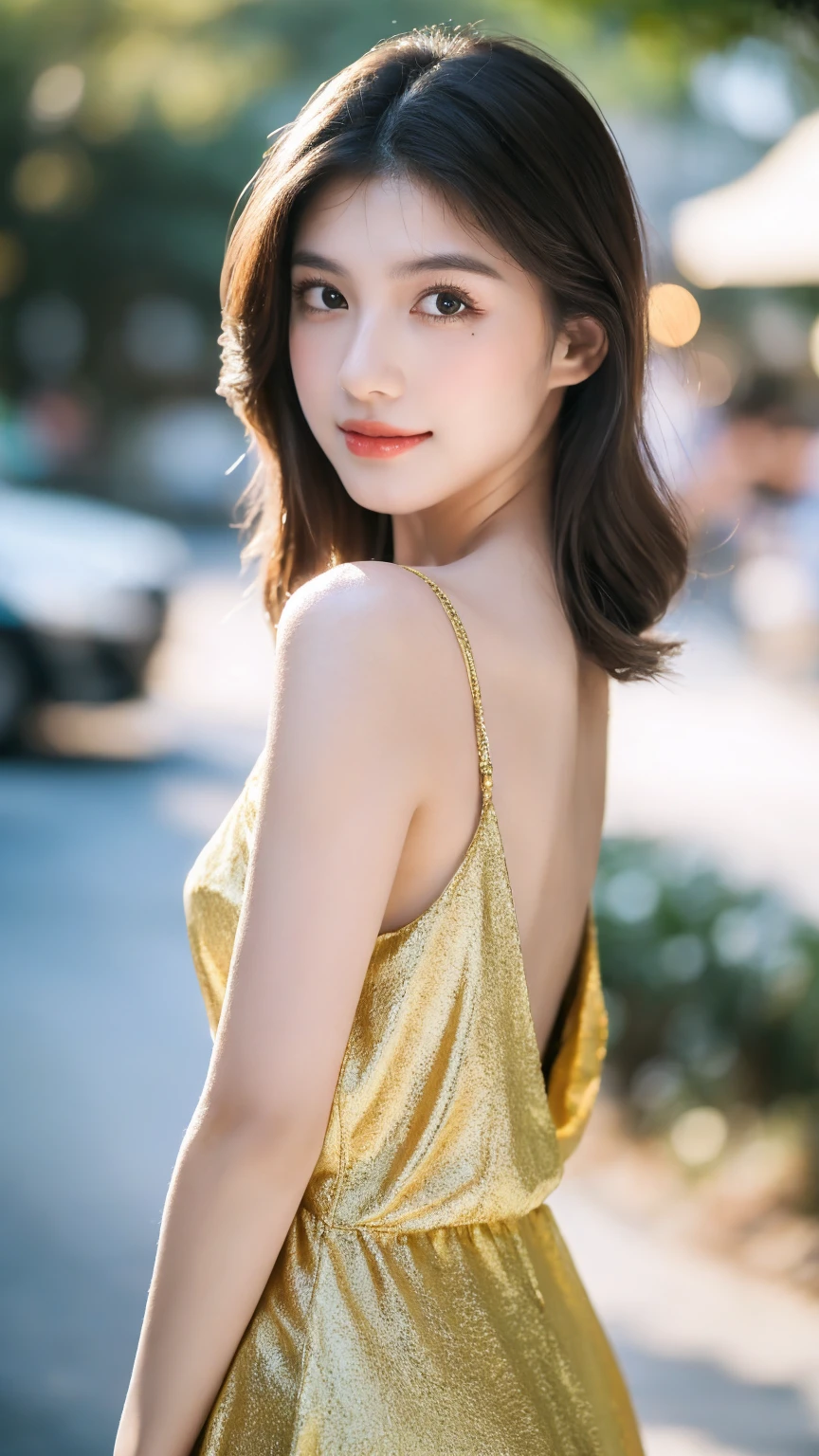 ((Best quality, 8K, masterpiece:1.3)),1girl,18 years old,Asian,Real texture:1.3,(Background blur:1.1),Gorgeous long dress,Tall and slender figure:1.2,(Hot summer weather),(street:1.3),Highly detailed face and skin textures,Exquisite eyes,Long eyelashes,Double eyelids,Skin Whitening,happy
