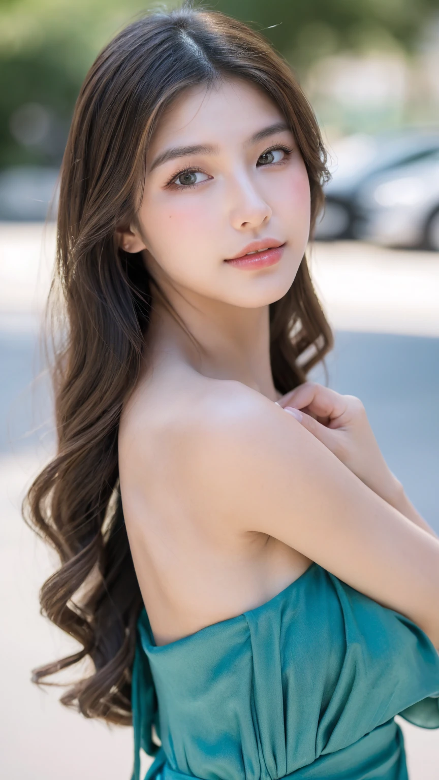 ((Best quality, 8K, masterpiece:1.3))，1girl，18 years old，Asian，Real texture:1.3，(Background blur:1.1)，Gorgeous long dress，Tall and slender figure:1.2，(Hot summer weather)，（street:1.3），Highly detailed face and skin textures，Exquisite eyes，Long eyelashes，Double eyelids，Skin Whitening，happy