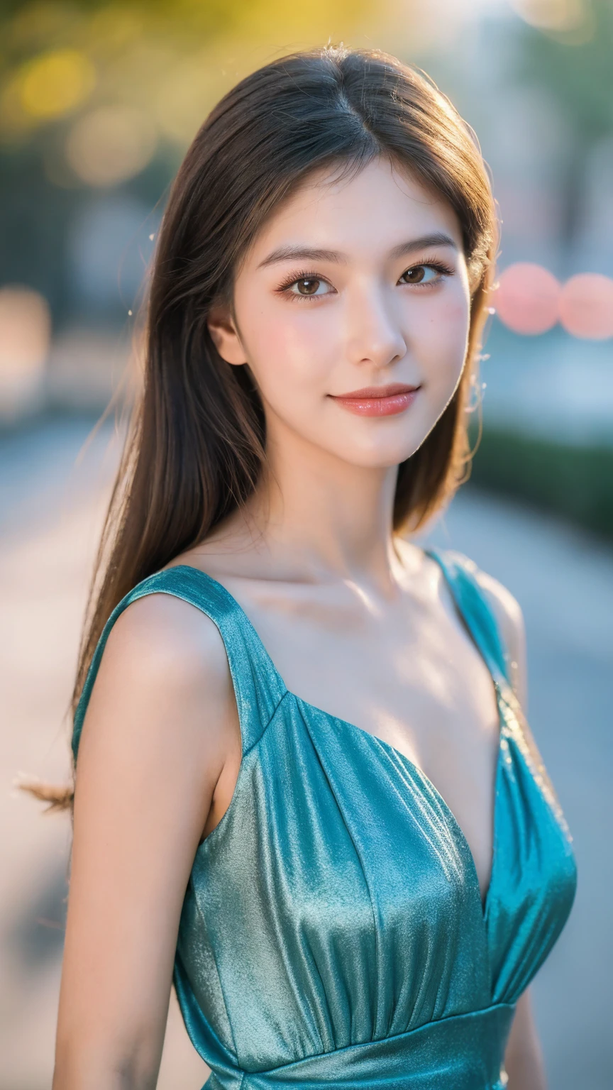 ((Best quality, 8K, masterpiece:1.3))，1girl，18 years old，Asian，Real texture:1.3，(Background blur:1.1)，Gorgeous long dress，Tall and slender figure:1.2，(Hot summer weather)，（street:1.3），Highly detailed face and skin textures，Exquisite eyes，Long eyelashes，Double eyelids，Skin Whitening，happy