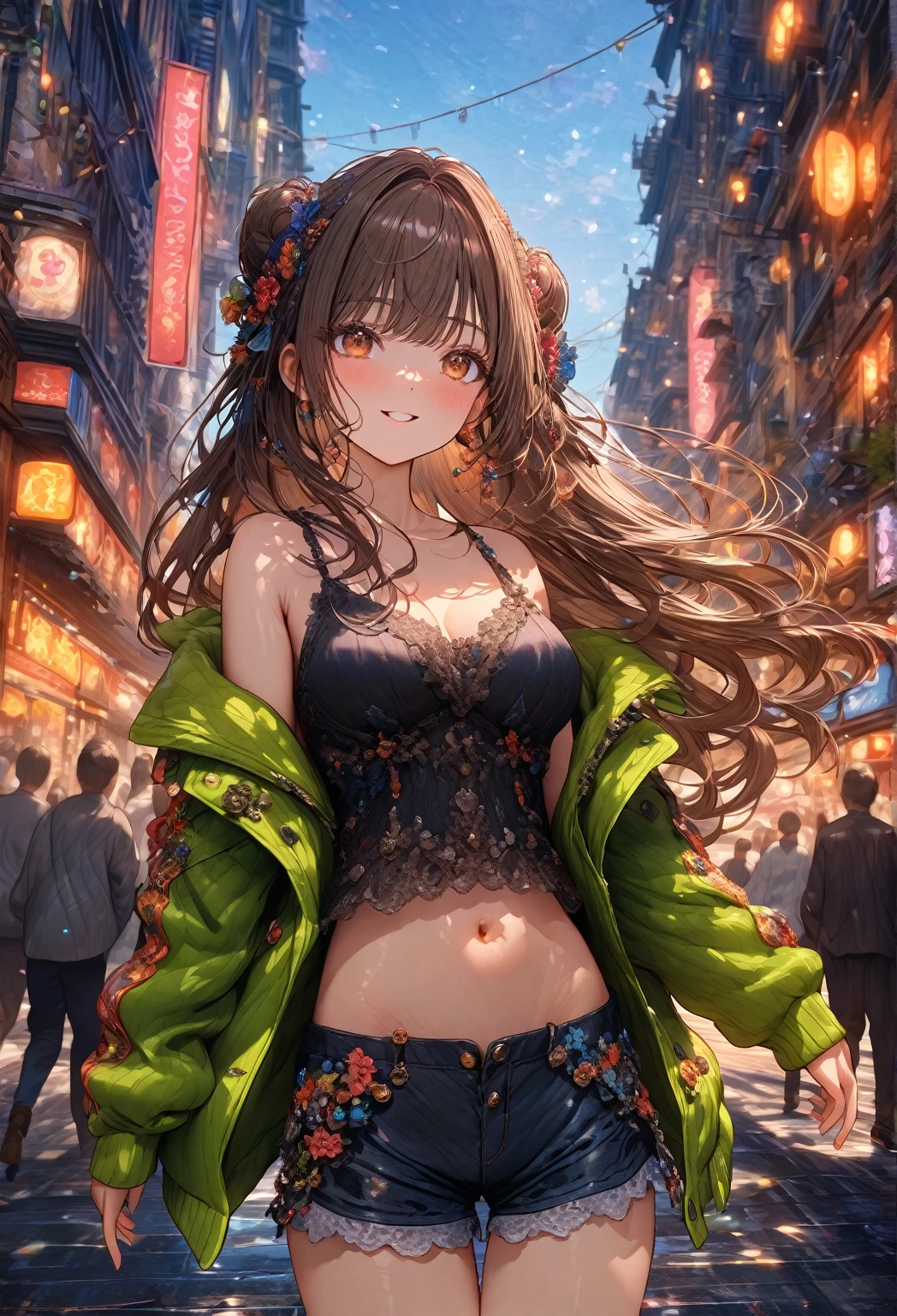 ((masterpiece:0), best quality, very aesthetic, newest, absurdres, detailed, high quality)
BREAK
highest quality, top quality, details, highres, ultra fine painting, digital art, official art, cinematic, 4k, 8k resolution, 8K CG wallpaper, CG, original artwork, detailed background, colorful background, blue atmosphere, High Dynamic Range, blurry background, blue hour, Starburst effects, crepuscular rays, good ISO, high resolution, wide shot, from far away, RAW photo, POV, sharp focus, light reflection, reflections, intricate details, soft light, particle noise, professional photography, bokeh, depth of field, natural lighting, vibrant colors, looking away, detailed lights and shadows, stylish, ultra-detailed, Pixiv, trending art, niji style, modern-days, master crafted, pose
BREAK
solo, 1girl, a girl, correct fingers, detailed face, (medium big breasts:1.2), big thighs, short torso, short body, flushtered smile, warm happy expression, casual, cute, slim, (childlike face:1.3), nice hips, nice body, brown hair, (long flowing hair:1.1), big 2 buns hairstyle, long bangs, long hair, middle hair bangs, brown eyes
BREAK
(black string tank top, off shoulder open green hoodie, tummy skin:1.1, open unbuttoned shorts, outfit ornaments)
BREAK
a close up of a person walking down a street with a crowd of people, crowded street, crowded streets, in front of a large crowd, giant crowd, girl walking through city, people walking down a street