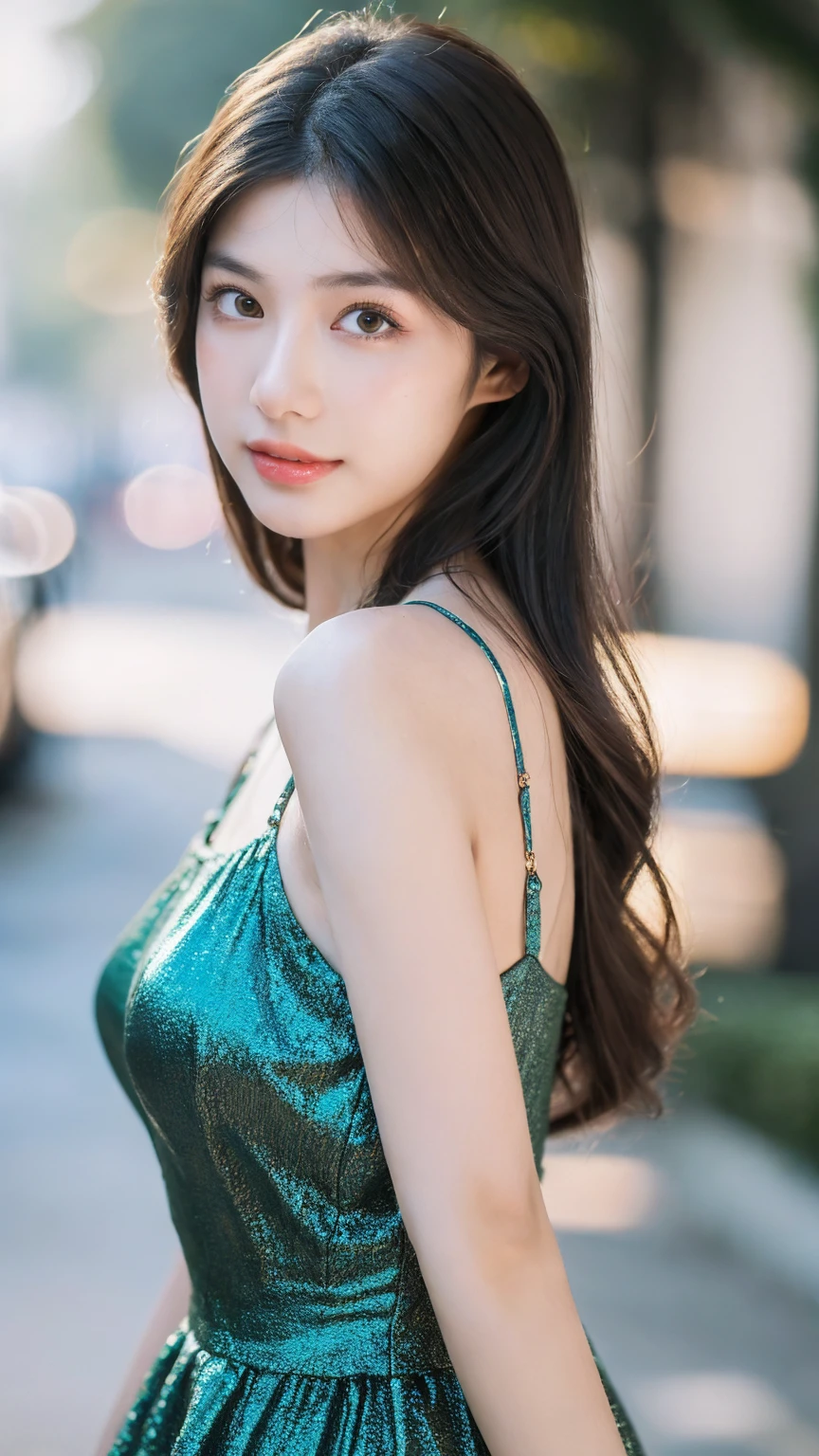 ((Best quality, 8K, masterpiece:1.3))，1girl，18 years old，Asian，Real texture:1.3，(Background blur:1.1)，Gorgeous long dress，Tall and slender figure:1.2，(Hot summer weather)，（street:1.3），Highly detailed face and skin textures，Exquisite eyes，Long eyelashes，Double eyelids，Skin Whitening，happy