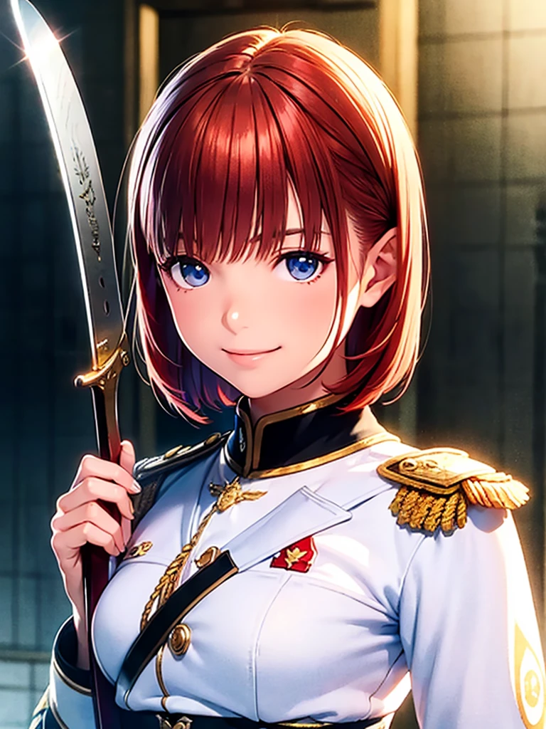 8K High Resolution、(((masterpiece)))、Anime Art、20 year old beauty、Fearless smile、(((Redhead short cut)))、167㎝、Small breasts、Blue Eyes、Imposing eyebrows、Strong eye power、Red military uniform、Austrian Army at the end of the 19th century、A silver rose on my chest、Japanese sword in hand