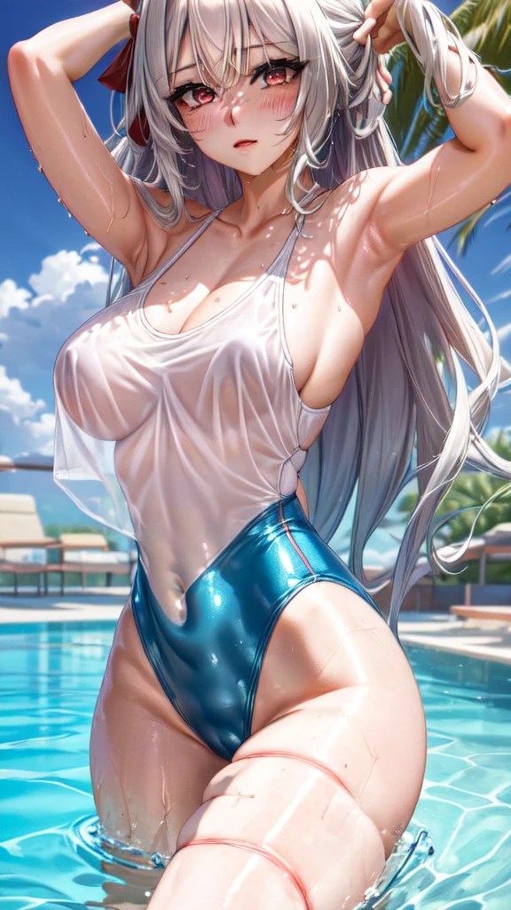 (masterpiece, highres, best quality, ultra detailed, detailed background, cinematic lighting:1.2), (beautiful detailed face, detailled eyes), pool, sunset, 1girl, long hair, white silver hair, straight hair, bangs, swept bangs, medium breasts, perky breasts, toned, red eyes, casual one-piece swimsuit, competition swimsuit, wet, wet hair, wet swimsuit, water drop, shiny skin, shiny lips, sexually suggestive, perfect body,fox ears,(( blush on)),lying on ,open air, perfect tails