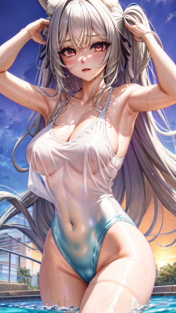 (masterpiece, highres, best quality, ultra detailed, detailed background, cinematic lighting:1.2), (beautiful detailed face, detailled eyes), pool, sunset, 1girl, long hair, white silver hair, straight hair, bangs, swept bangs, medium breasts, perky breasts, toned, red eyes, casual one-piece swimsuit, competition swimsuit, wet, wet hair, wet swimsuit, water drop, shiny skin, shiny lips, sexually suggestive, perfect body,fox ears,(( blush on)),lying on ,open air, perfect tails