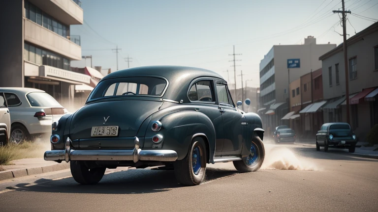 dark bluish-dark-gray metallic 4x4 1950s SUV-sedan in motion, fantasy, no logo, urban, 1950s, worm colors, a small building, High detailed, Color magic, Saturated colors, Color saturation, Realism, 8K, HD
