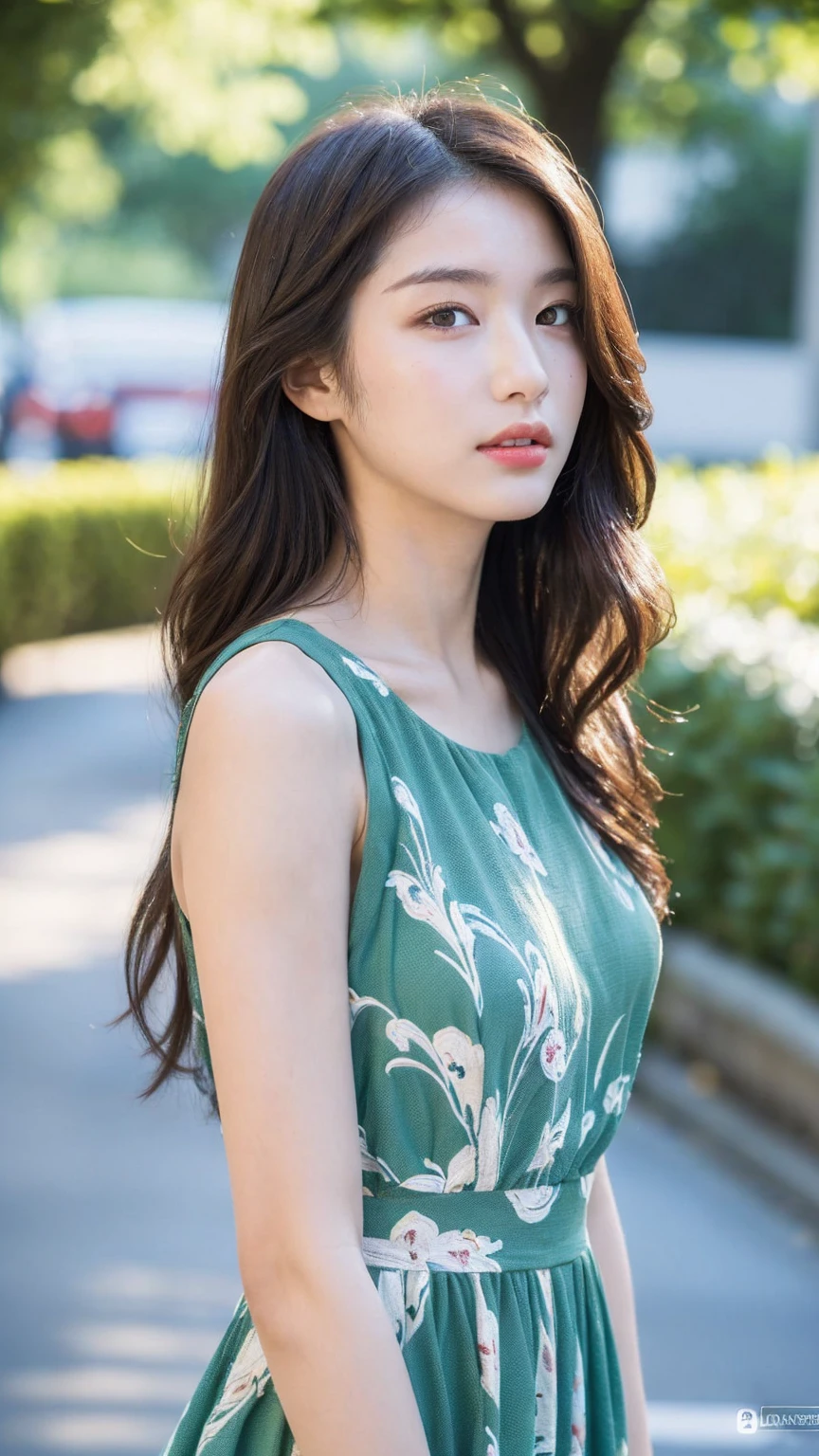 ((Best quality, 8K, masterpiece:1.3)),1girl,18 years old,Asian,Real texture:1.3,(Background blur:1.3),Gorgeous long dress,Tall and slender figure:1.2,(Hot summer weather),(street:1.3),Highly detailed face and skin textures,Exquisite eyes,Long eyelashes,Double eyelids,Skin Whitening,happy