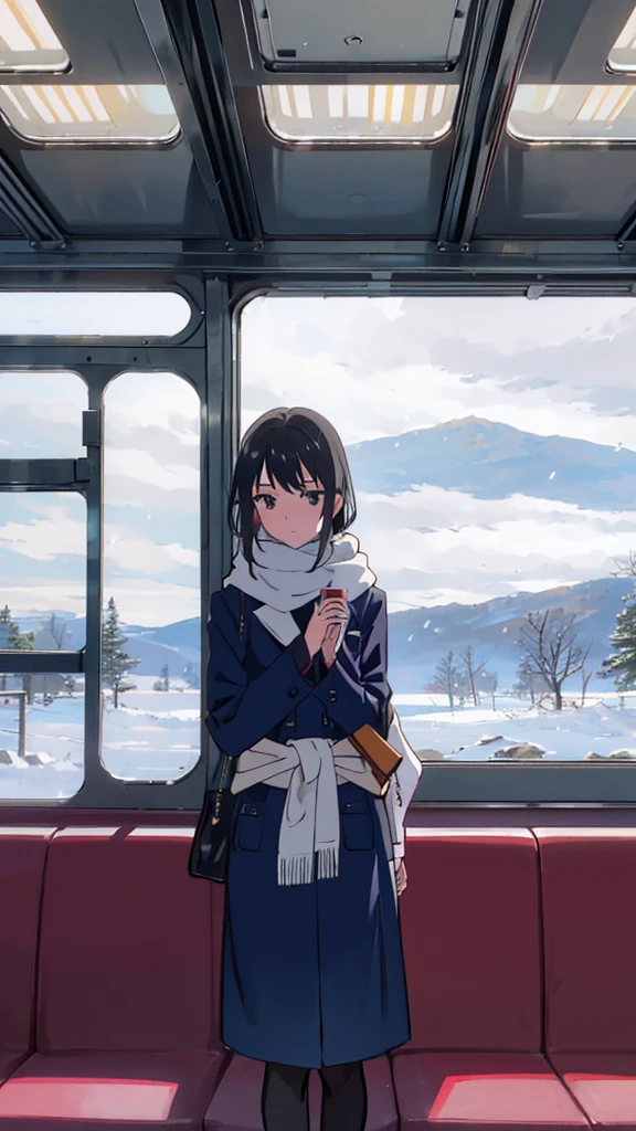 Create an anime-style illustration of a young girl standing in a train, capturing her entire figure from head to toe. She has short, dark hair and wears large headphones, a navy-blue coat, and a white scarf. She holds a coffee cup in one hand near her waist and gazes thoughtfully out the window, displaying a calm, reflective expression. The train door behind her features an "Emergency Exit" sign, and through the window, a picturesque winter landscape with snow-covered ground, trees, and distant mountains under a cloudy sky is visible. The train's interior, including seats and signs, should also be depicted to enhance the scene's tranquil, contemplative mood.