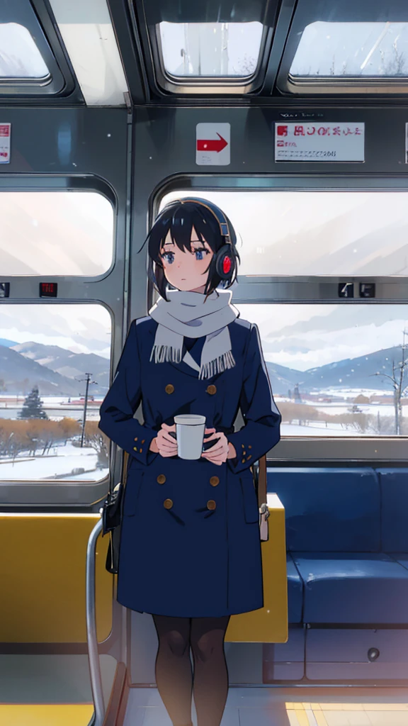 Create an anime-style illustration of a young girl standing in a train, capturing her entire figure from head to toe. She has short, dark hair and wears large headphones, a navy-blue coat, and a white scarf. She holds a coffee cup in one hand near her waist and gazes thoughtfully out the window, displaying a calm, reflective expression. The train door behind her features an "Emergency Exit" sign, and through the window, a picturesque winter landscape with snow-covered ground, trees, and distant mountains under a cloudy sky is visible. The train's interior, including seats and signs, should also be depicted to enhance the scene's tranquil, contemplative mood.