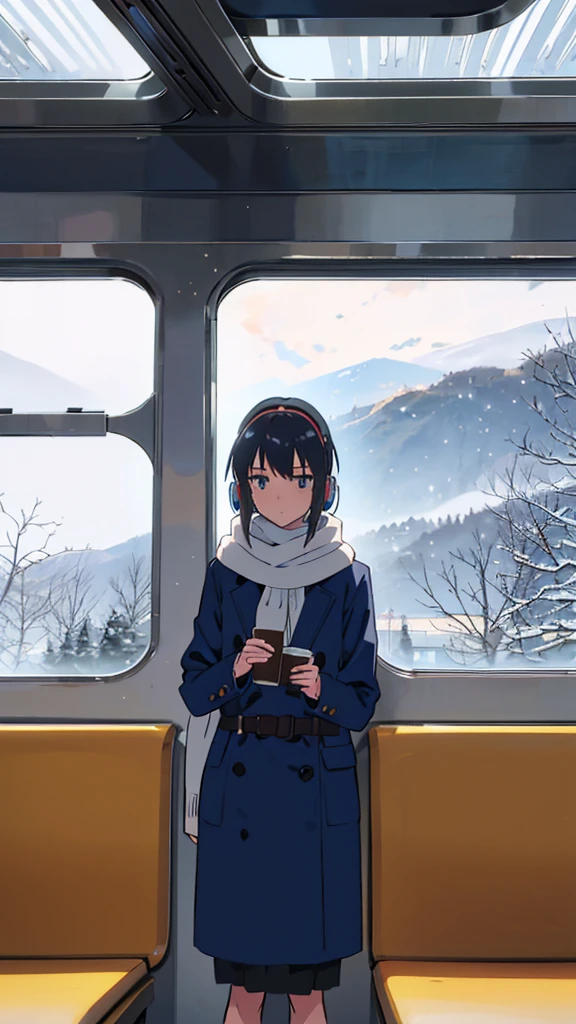 Create an anime-style illustration of a young girl standing in a train, capturing her entire figure from head to toe. She has short, dark hair and wears large headphones, a navy-blue coat, and a white scarf. She holds a coffee cup in one hand near her waist and gazes thoughtfully out the window, displaying a calm, reflective expression. The train door behind her features an "Emergency Exit" sign, and through the window, a picturesque winter landscape with snow-covered ground, trees, and distant mountains under a cloudy sky is visible. The train's interior, including seats and signs, should also be depicted to enhance the scene's tranquil, contemplative mood.