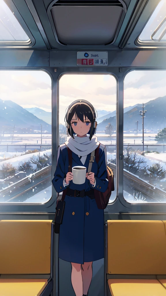 Create an anime-style illustration of a young girl standing in a train, capturing her entire figure from head to toe. She has short, dark hair and wears large headphones, a navy-blue coat, and a white scarf. She holds a coffee cup in one hand near her waist and gazes thoughtfully out the window, displaying a calm, reflective expression. The train door behind her features an "Emergency Exit" sign, and through the window, a picturesque winter landscape with snow-covered ground, trees, and distant mountains under a cloudy sky is visible. The train's interior, including seats and signs, should also be depicted to enhance the scene's tranquil, contemplative mood.