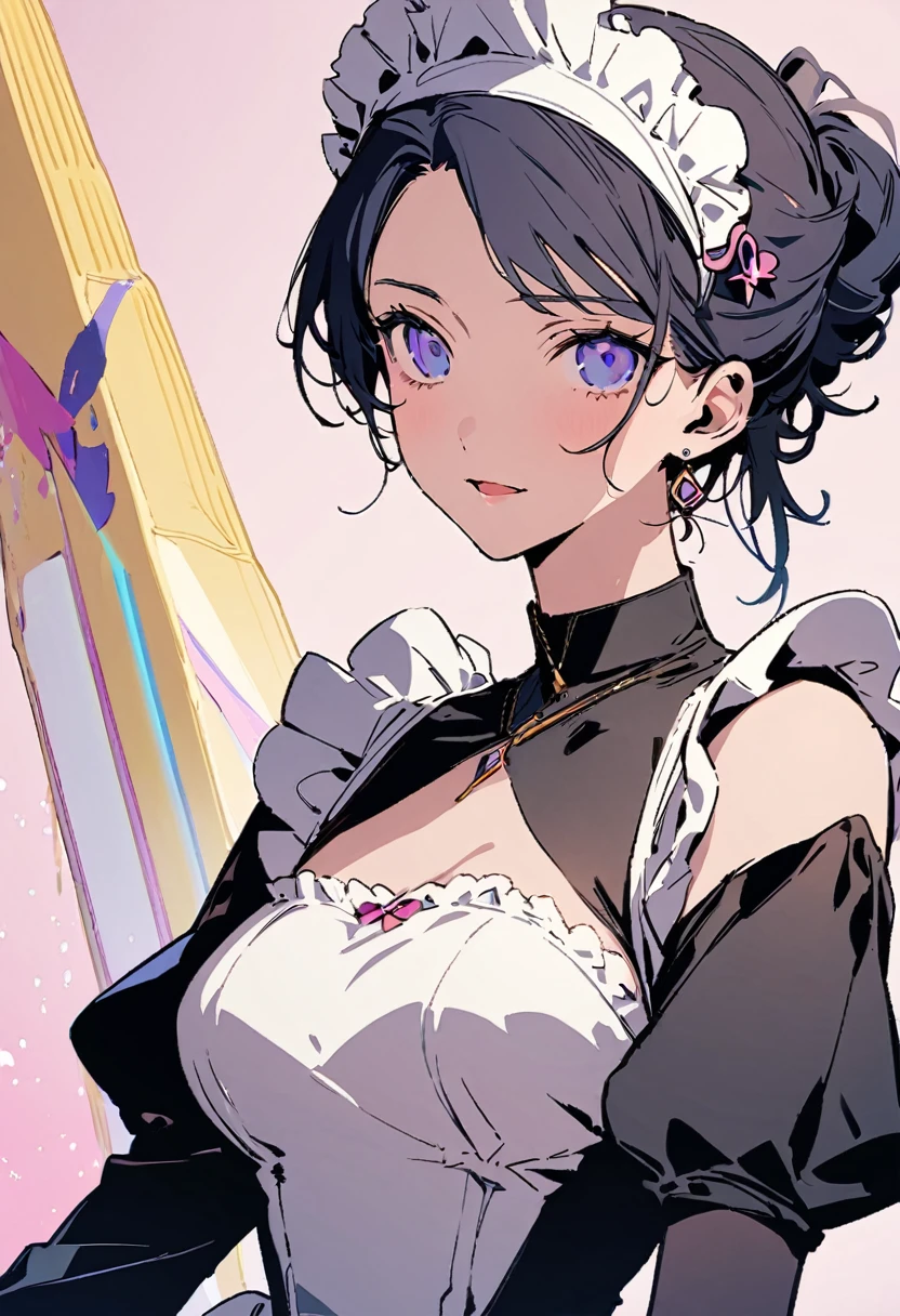 ((Back view)),masterpiece, highest quality, Illustration of the novel, High resolution, 18+ Adult content, Sensual, Intimate, Emotional, Passionate, romantic, sweet, Adorable, Innocent, Pure, Charmな, Charmな, Charm, Mysterious, Charmな, Charmな, Immersive, Charmな, dream-like, Surreal, Imaginative, Whimsical, artistic, Avant-garde, timeless, elegant, Sophisticated, chic, Sophisticated, personality, original, Charmな,((Maid clothes:1.3)),(guitarist:1.3)、Female Band、live、((Upper Body:1.3))