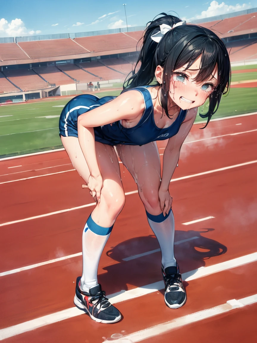 ( rides guy perfectly:1.3)、(Rich color expression)、(eyes half closed:1.3)、(Grin:1.3)、(Big tears:1.5)、(Drooling from the mouth:1.3)、(The body shakes violently:1.5)、vagina、8K resolution、 masterpiece、((highest quality))、Anatomically correct、(The whole body is wet with semen:1.3)、(Flower Hair Ornaments)、(Large amounts of fluid)、(Track and field uniforms:1.3)、(Knee socks)、((Hasselblad Photos))、[:(Detailed face:1.2):0.2]、(Sweaty:1.6)、(Bend your knees:1.3)、(Leaning forward:1.3)、(Hands on knees:1.3)、(Athletics Stadium)、(I can&#39;t stand:1.3)