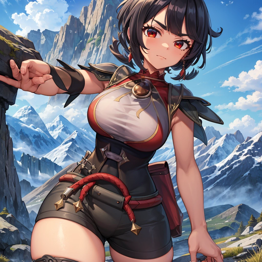 (masterpiece:1.2), (best quality), (ultra detailed), (8k, 4k, intricate), (full-body-shot:1), (highly detailed:1.2), (detailed face:1.2), (detailed background), (mountain range background), detailed landscape, ((portrait)), pov, defZinnia, smug expression, black shirt, sleeveless shirt, short shorts, thighhighs, large breasts,