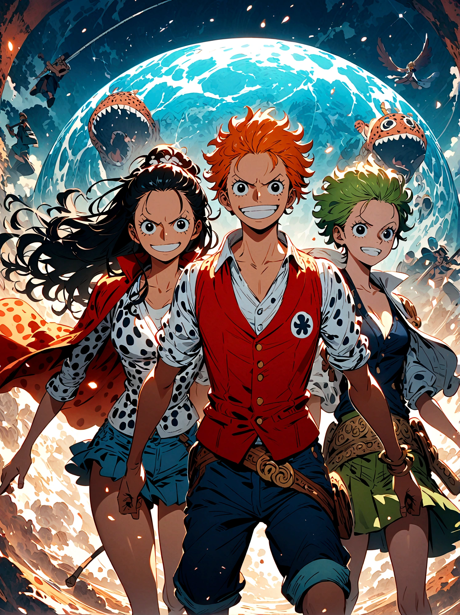 Japanese anime One Piece, Create an expansive illustration reminiscent of a popular action-adventure anime series. It should feature a diverse group of daring explorers. Each character is unique in their own way. One is a lanky man with spiky black hair, wearing a red vest, blue shorts, and a straw hat. His cheerful attitude and love for adventure is evident in his wide grin. Another character is a man with slicked-back, shoulder-length light moss green hair, wearing fine burgundy attire, his gravity and maturity reflecting through his demeanor. The third character is a young woman with beauty and grace, she has orange hair and is seen sporting a simple vest and a mini skirt. A captivating blue sea spans the entire background, adding to the whole dangerous yet exciting vibe of the setting.