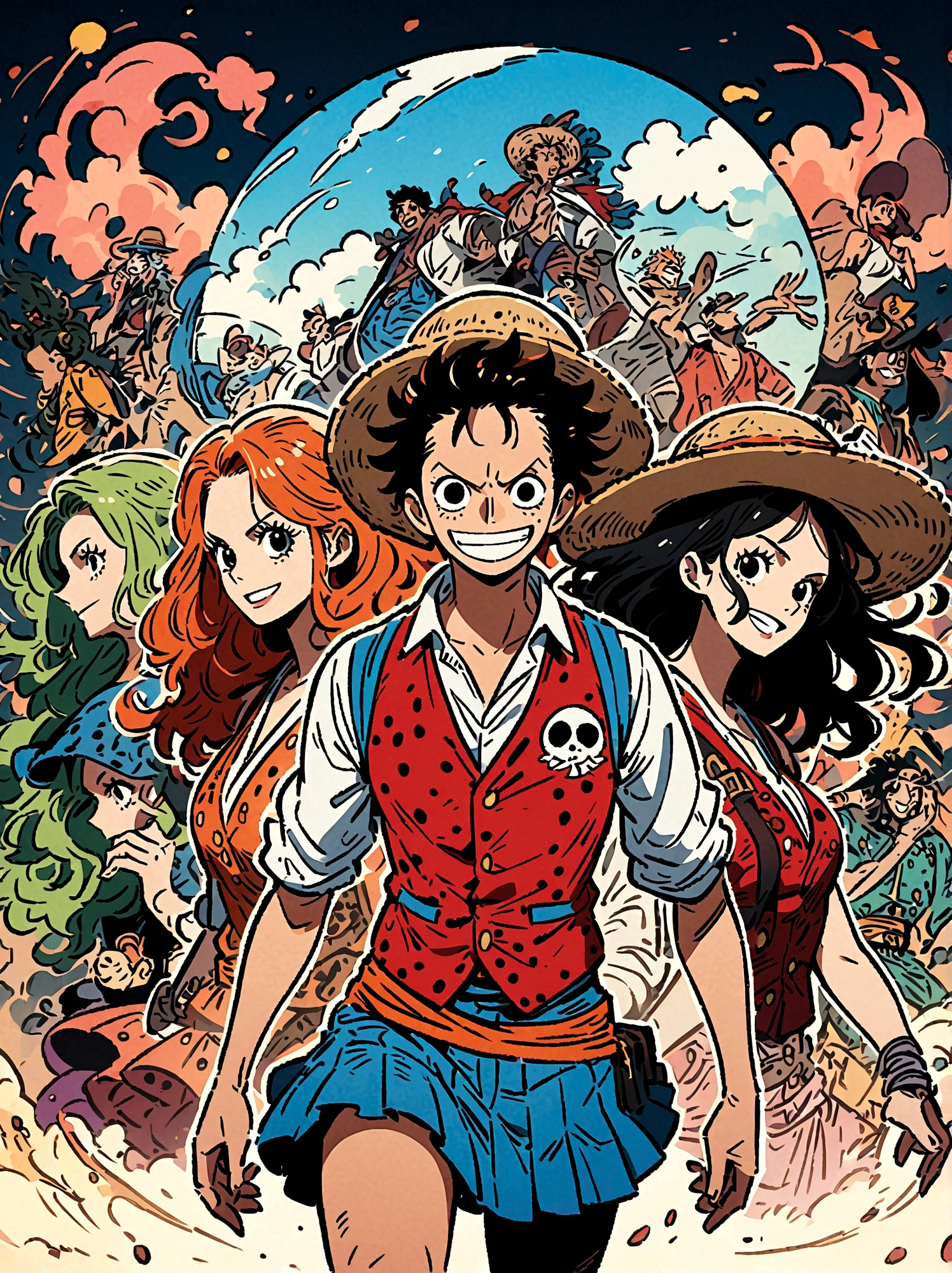 Japanese anime One Piece, Create an expansive illustration reminiscent of a popular action-adventure anime series. It should feature a diverse group of daring explorers. Each character is unique in their own way. One is a lanky man with spiky black hair, wearing a red vest, blue shorts, and a straw hat. His cheerful attitude and love for adventure is evident in his wide grin. Another character is a man with slicked-back, shoulder-length light moss green hair, wearing fine burgundy attire, his gravity and maturity reflecting through his demeanor. The third character is a young woman with beauty and grace, she has orange hair and is seen sporting a simple vest and a mini skirt. A captivating blue sea spans the entire background, adding to the whole dangerous yet exciting vibe of the setting.